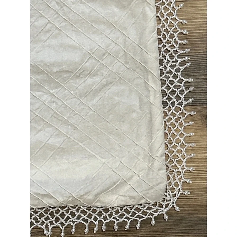 Throw Pillow Cover ONLY Beaded Pearly Dangly Satiny Off White Crocheted Trim 18